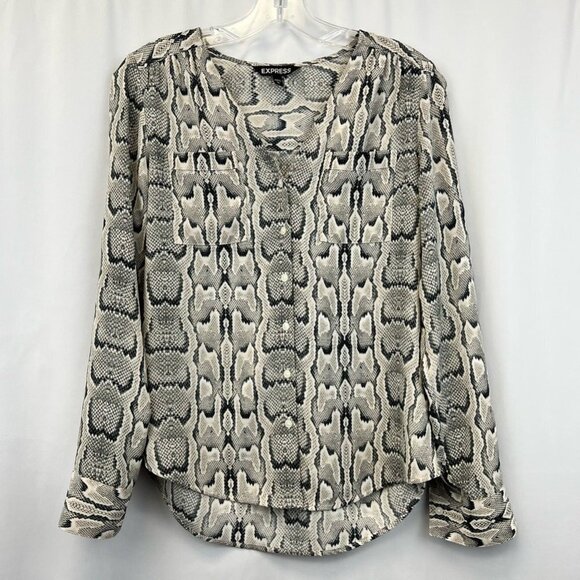 Express Womens Button Front Shirt Gray Snake Print Long Sleeve Cuff Blouse XS - Picture 1 of 11
